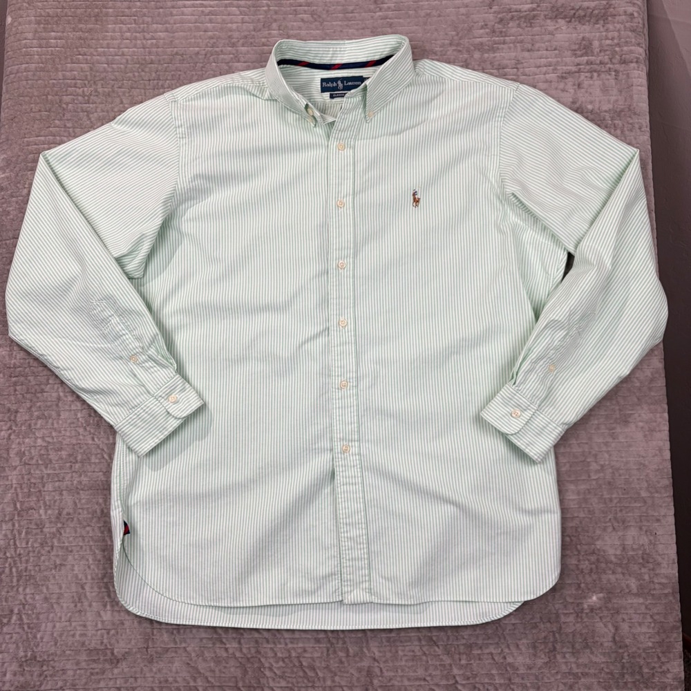 Ralph Lauren Mens XL Classic Fit Button Down Shirt Green White Stripe‎ Cotton